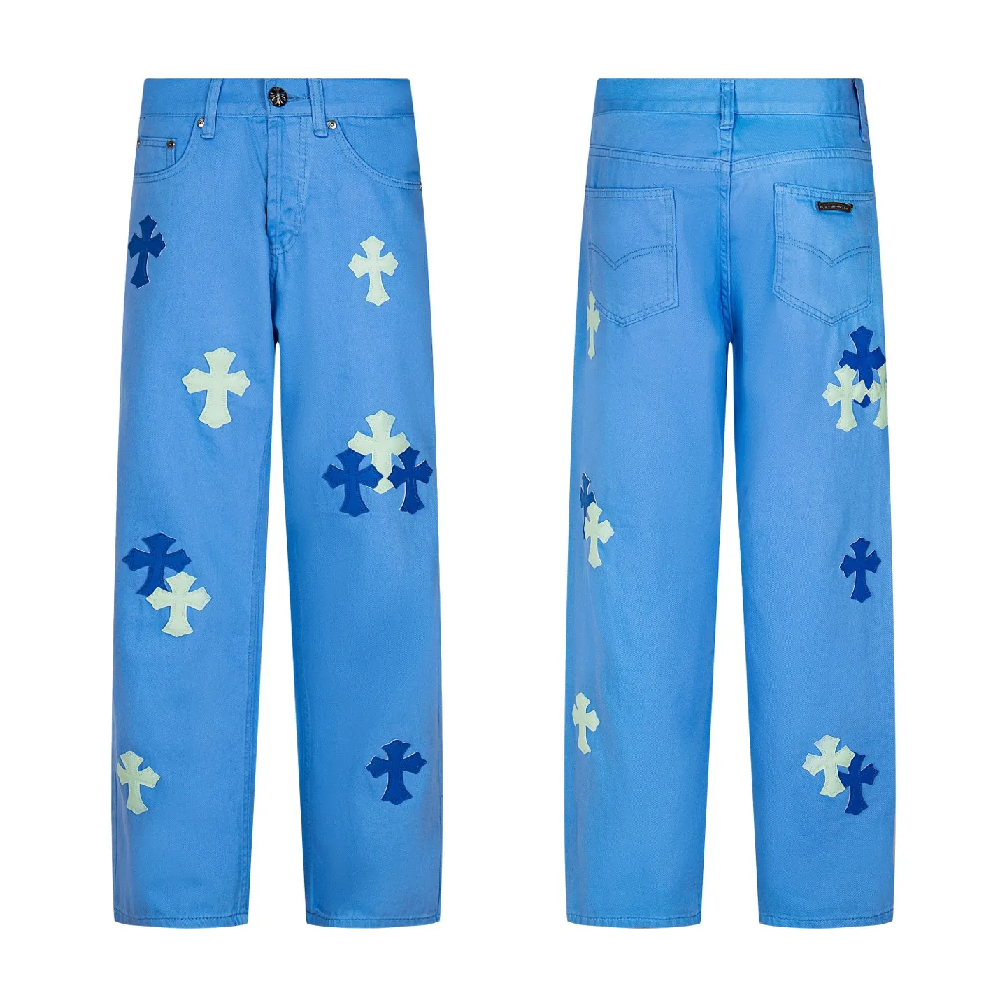 P270 CHROME HEARTS 25ss dopamine light blue cross patch leather washed jeans - Full of exploring the ultimate in fashion, Chrome Hearts' new Chrome Hearts pants not only present a unique style, the fresh ice blue color looks particularly youthful and energetic. The mid-high waist design is paired with a lazy and casual style, which not only shows long legs but also maintains a casual feel. It is a must-have fashion choice for trendy men and trendy women. Style number: 1752# Color: Dopamine light blue Size: 28 30 32 34